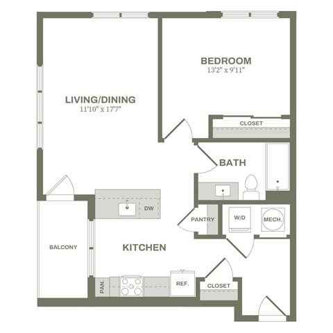 A floor plan of a small apartment with a bedroom, living room, kitchen, and bathroom.